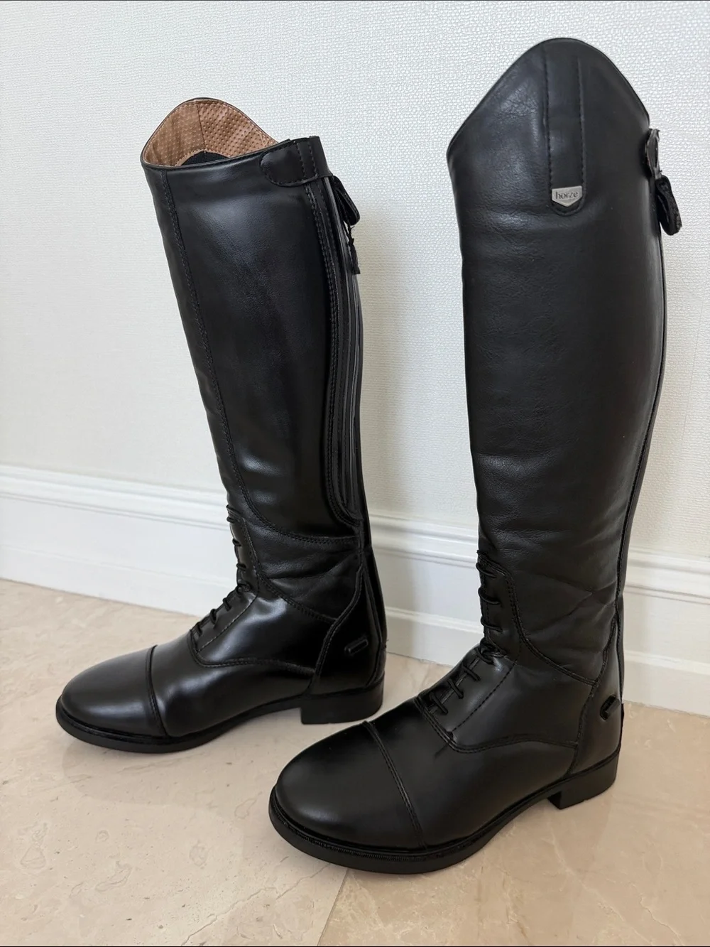 HORZE KIDS Tall Equestrian-Style Leather Boots - Black, Size 37 ( Big Kid 5-5,5)